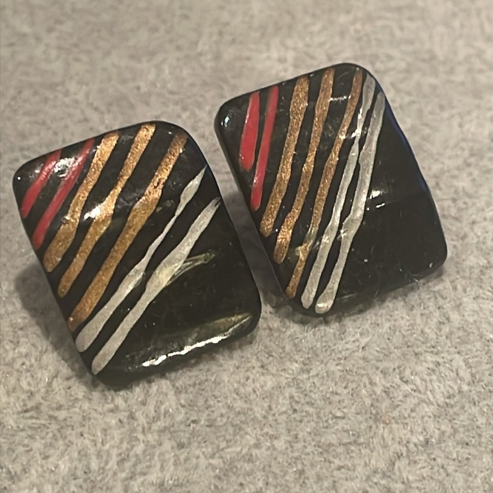 Vintage 80’s Stripe Lightweight Earrings Black Bronze Red & Silver - Picture 4 of 8